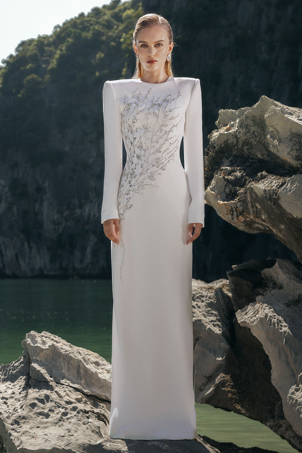 Leah Sheath Stone Velvet Satin Floor Length Dress