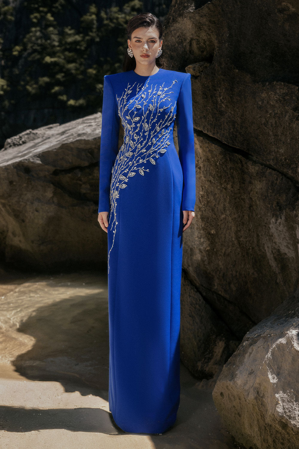 Leah Sheath Stone Velvet Satin Floor Length Dress