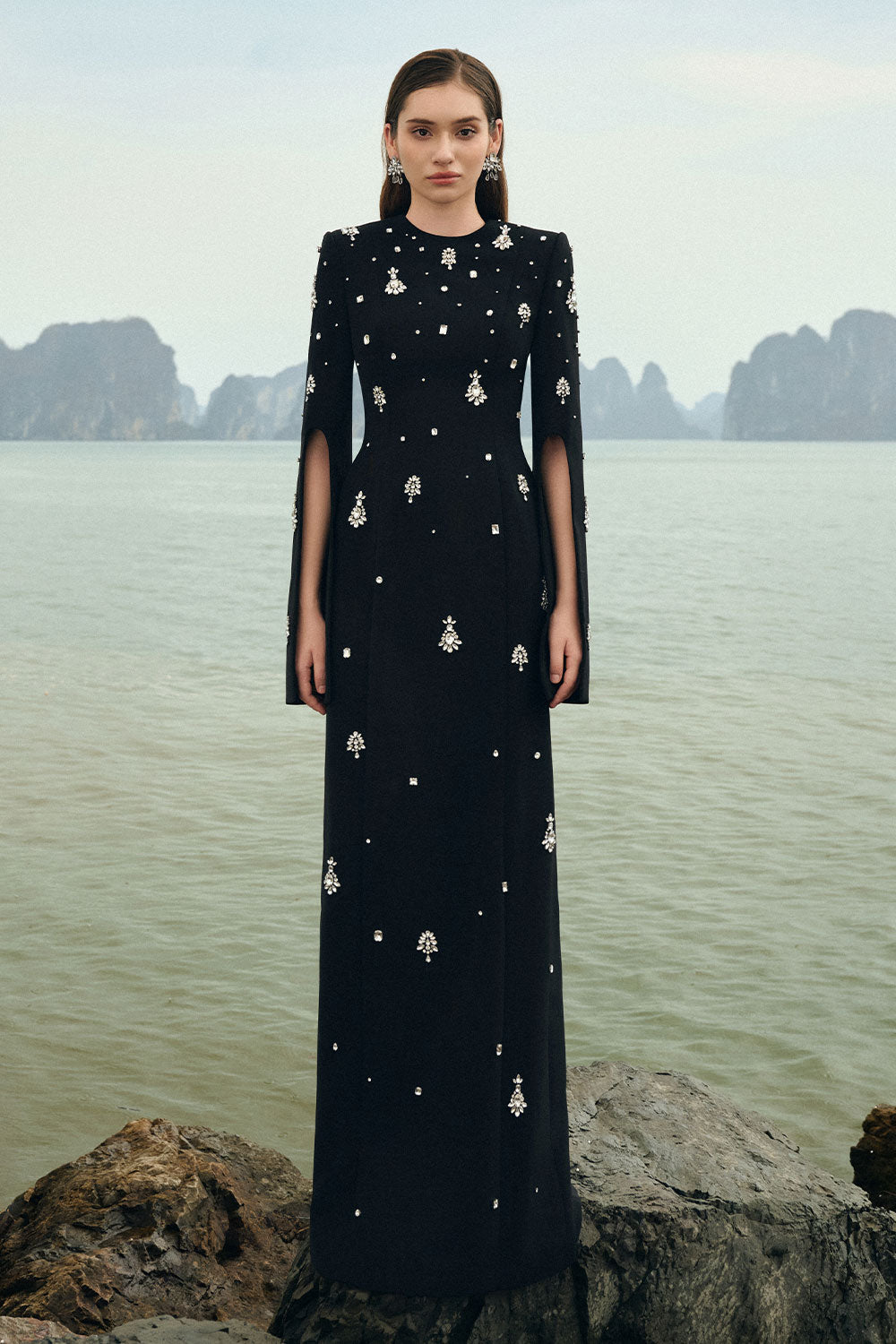 Haven Sheath Slit Sleeved Velvet Satin Floor Length Dress