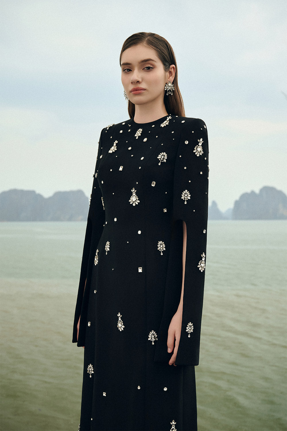 Haven Sheath Slit Sleeved Velvet Satin Floor Length Dress