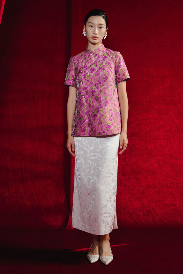 Tinh Duyen Crossover Short Sleeved Brocade Top