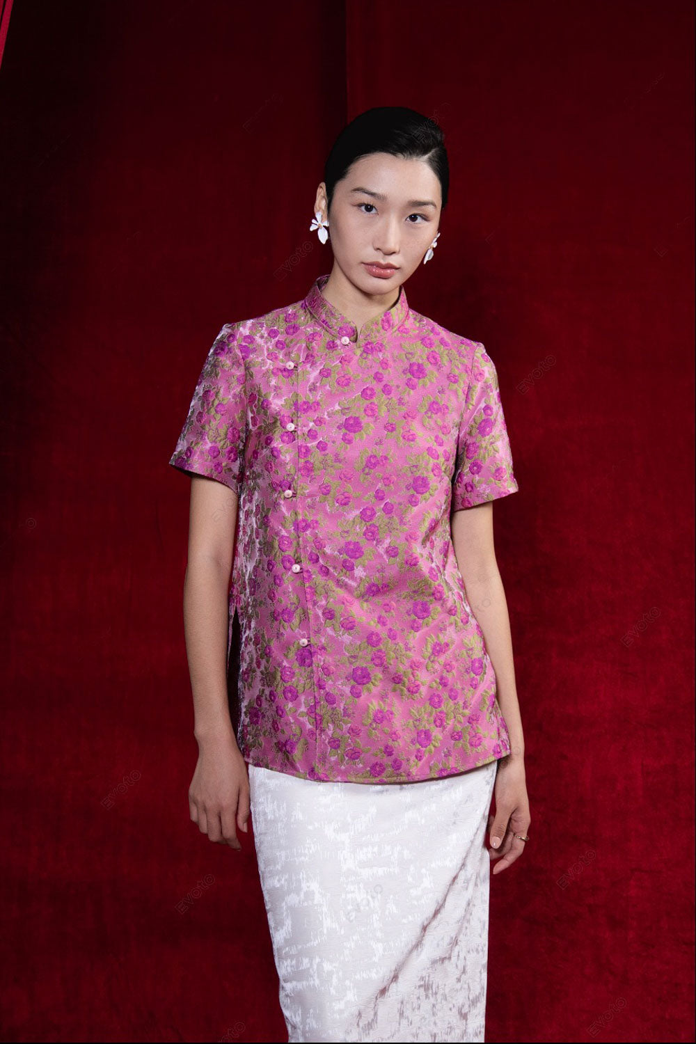 Tinh Duyen Crossover Short Sleeved Brocade Top