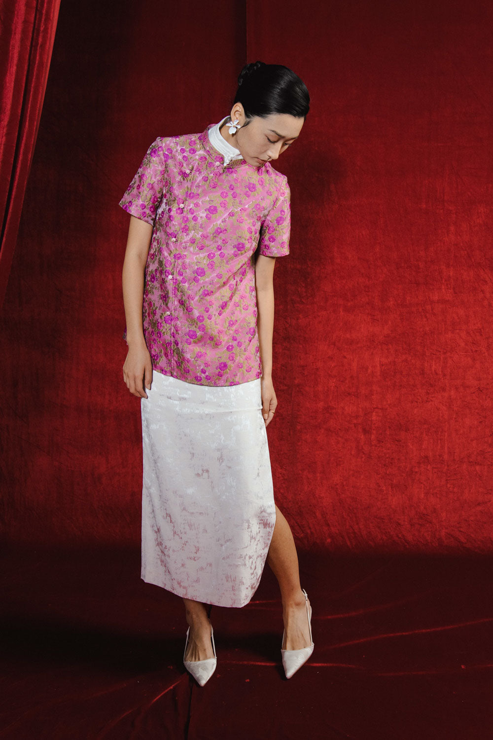 Tinh Duyen Crossover Short Sleeved Brocade Top