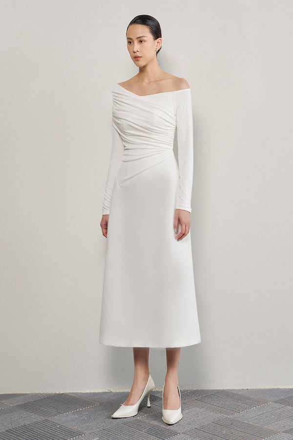 Valerie A-line Off-Shoulder Crinkle Crepe Midi Dress
