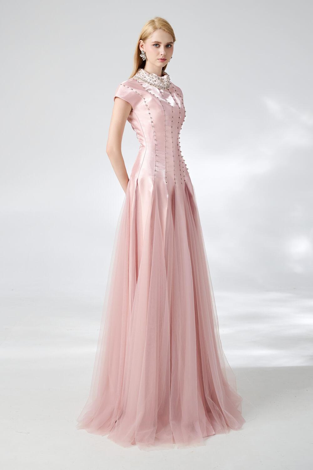 Crane Gored Stone Mesh Silk Floor Length Dress