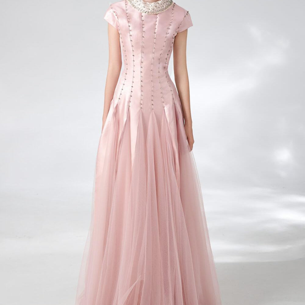 Crane Gored Stone Mesh Silk Floor Length Dress