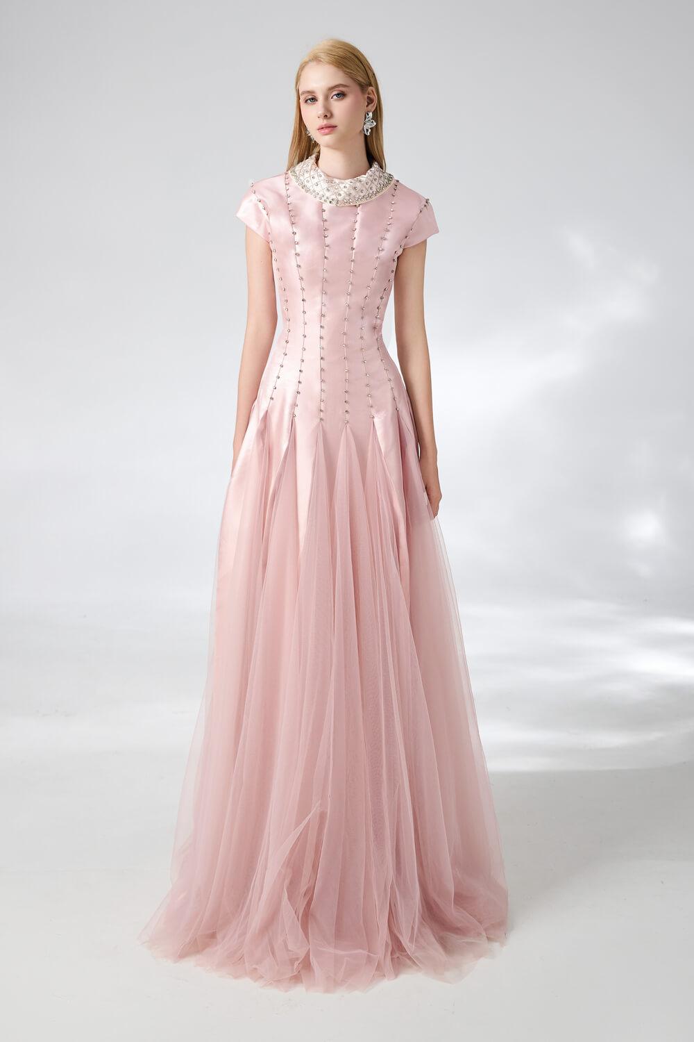 Crane Gored Stone Mesh Silk Floor Length Dress