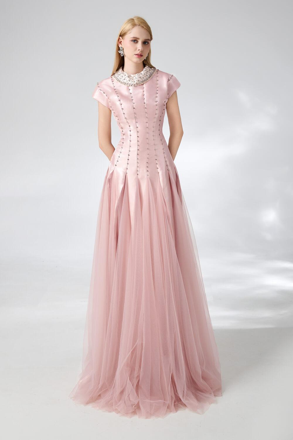 Crane Gored Stone Mesh Silk Floor Length Dress