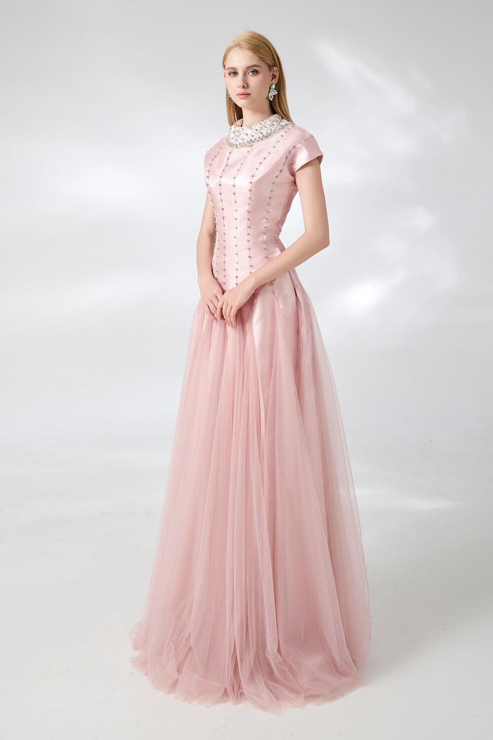 Crane Gored Stone Mesh Silk Floor Length Dress