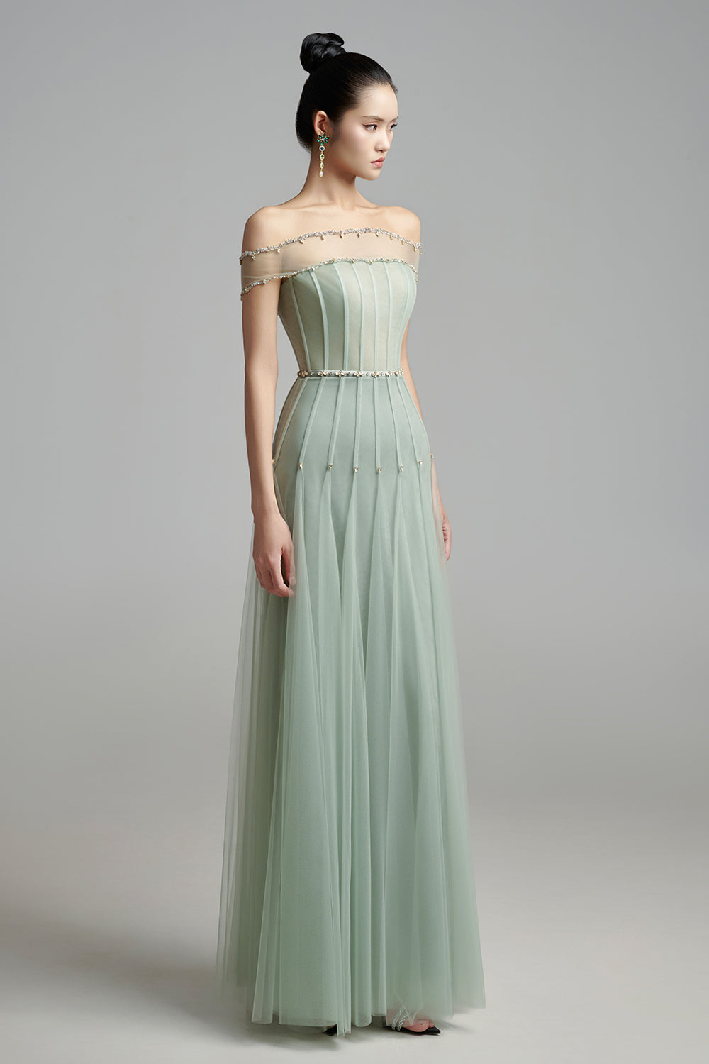 Jayleen Gored Off-Shoulder Organza Maxi Dress