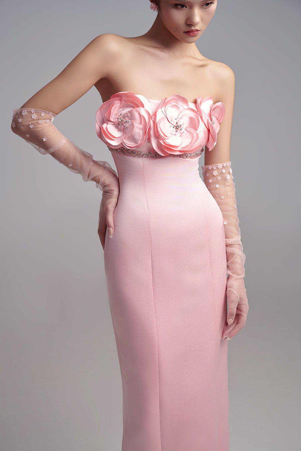 Alexia Sheath Flower Applique Taffeta Maxi Dress