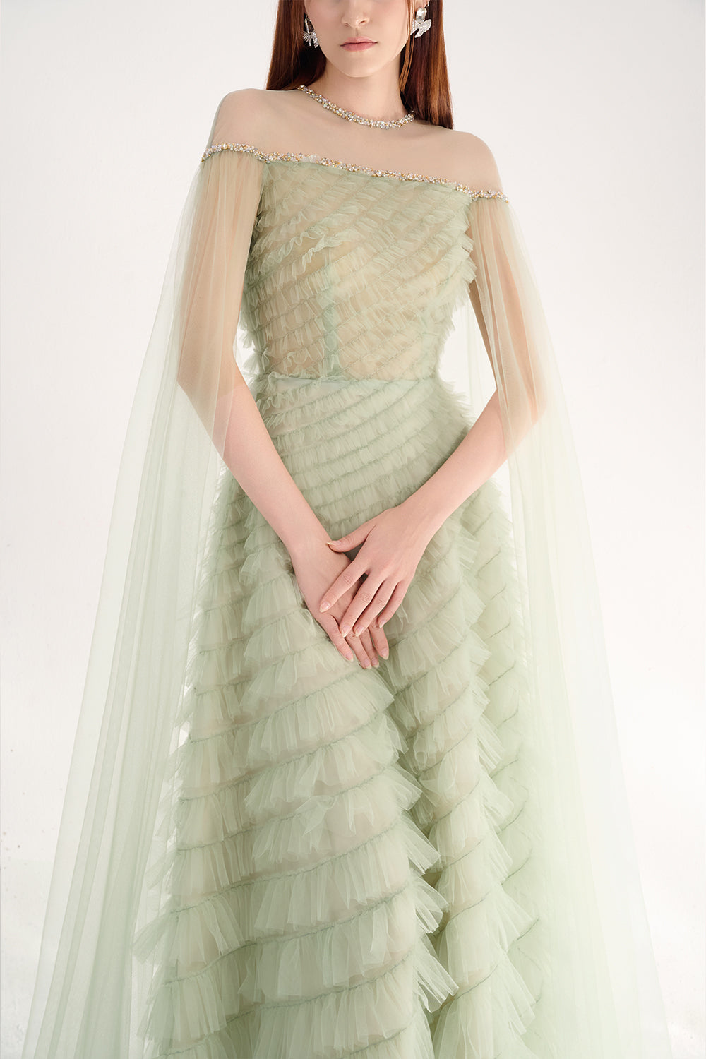 Blakely Ball Gown Cape Sleeved Organza Maxi Dress