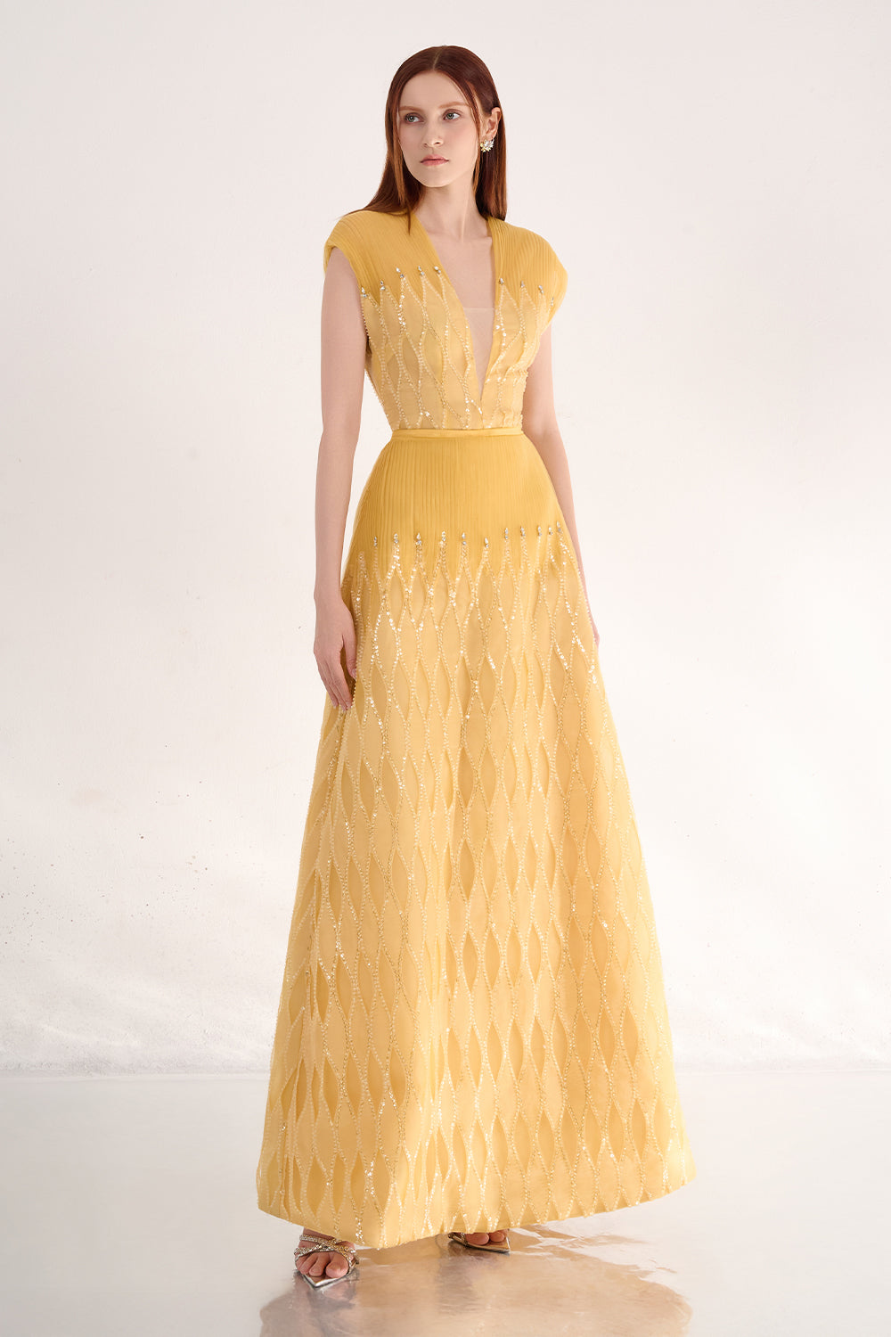 Rylee A-line Plunge Neck Polyester Maxi Dress