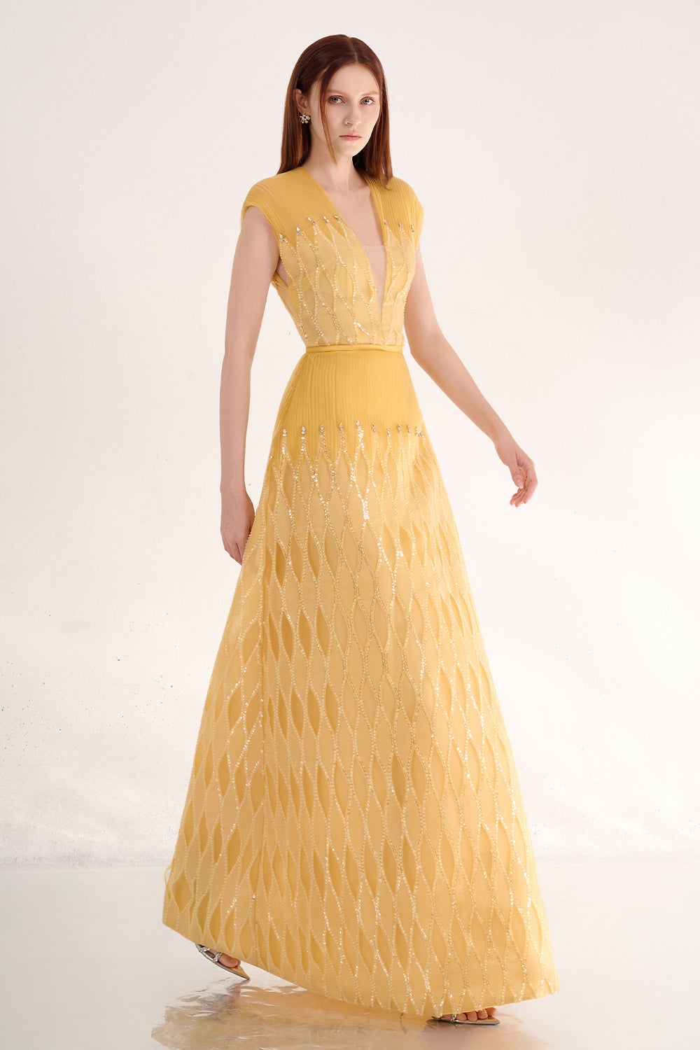 Rylee A-line Plunge Neck Polyester Maxi Dress