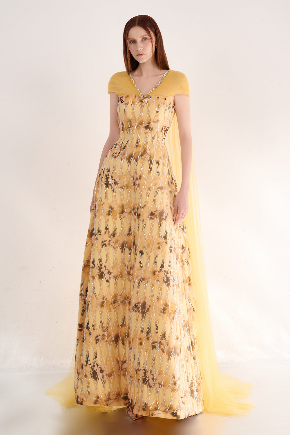 Annalise Ball Gown Cape Sleeved Polyester Maxi Dress