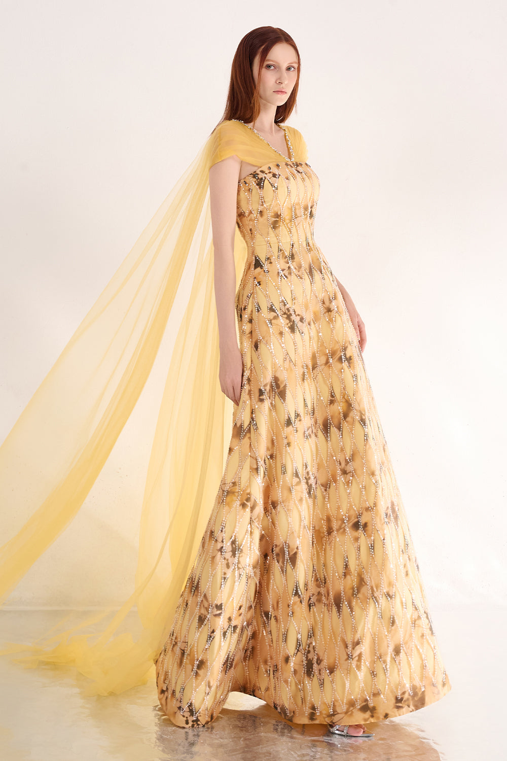 Annalise Ball Gown Cape Sleeved Polyester Maxi Dress