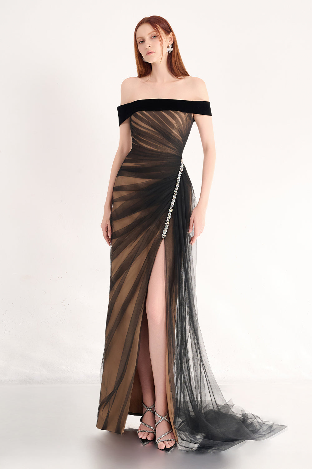 Hazel Slit Off-Shoulder Organza Maxi Dress