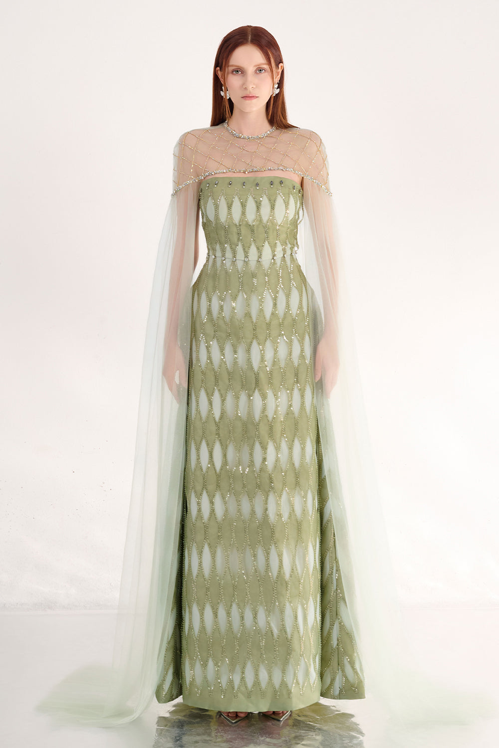 Monica A-line Cape Shoulder Mesh Maxi Set