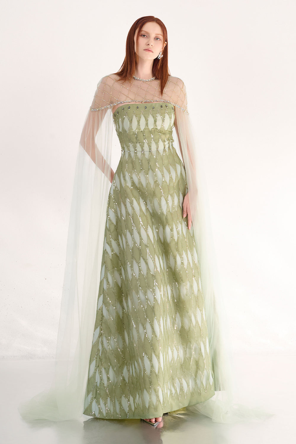 Monica A-line Cape Shoulder Mesh Maxi Set