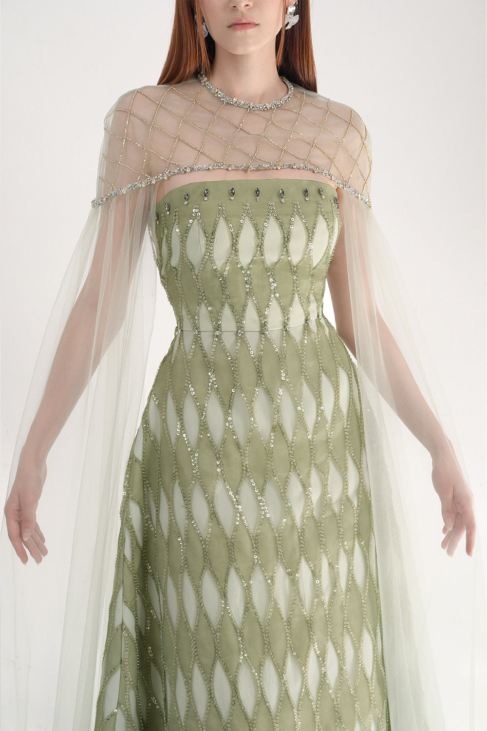 Monica A-line Cape Shoulder Mesh Maxi Set