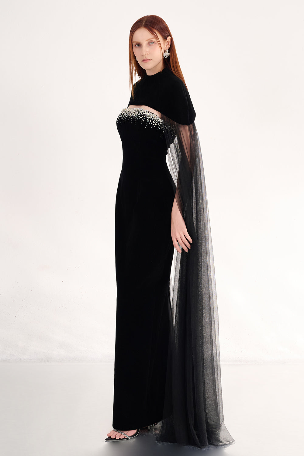 Paisleigh Sheath Cape Shoulder Velvet Maxi Set