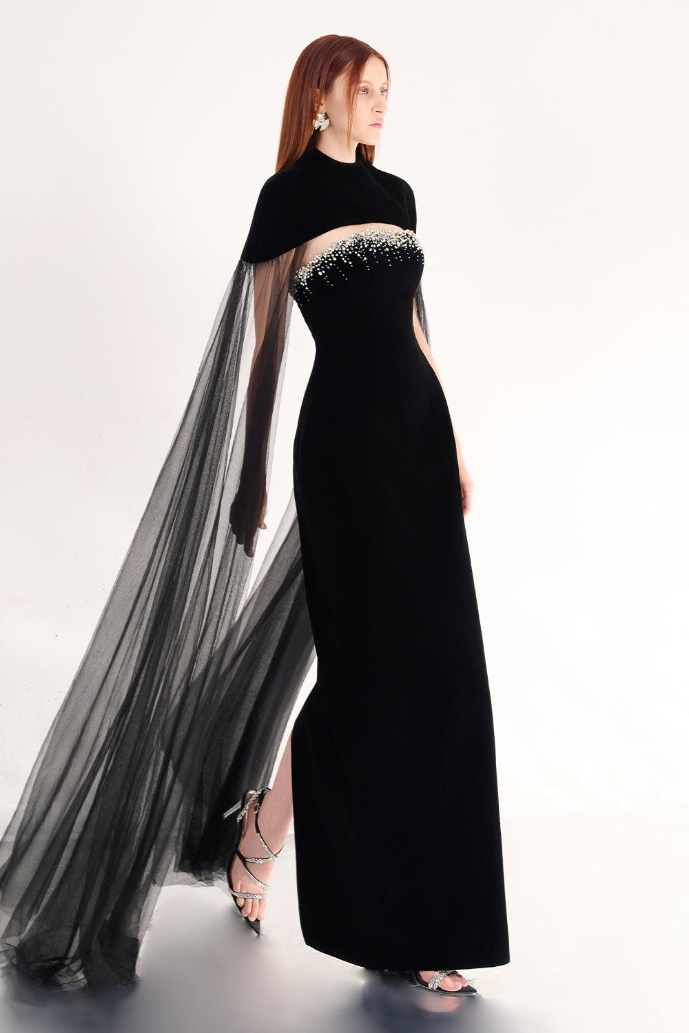 Paisleigh Sheath Cape Shoulder Velvet Maxi Set