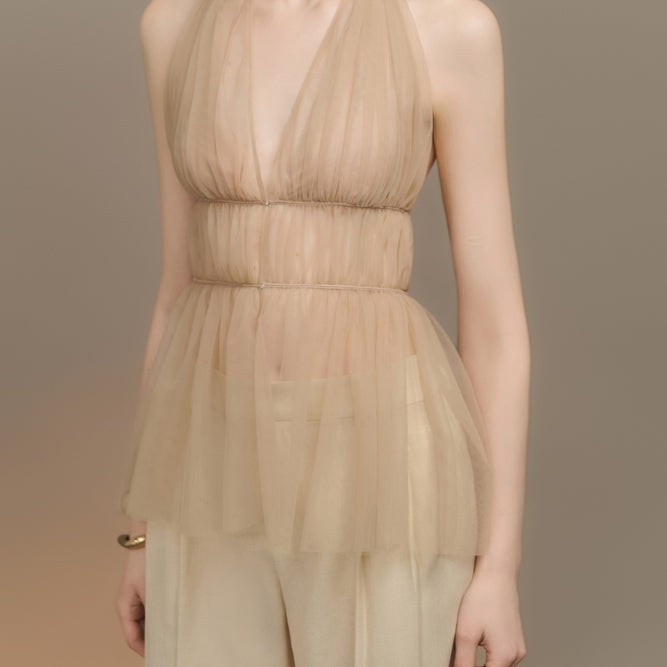 Velore Peplum Plunge Neck Tulle Top