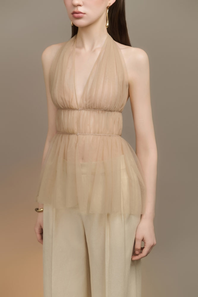 Velore Peplum Plunge Neck Tulle Top