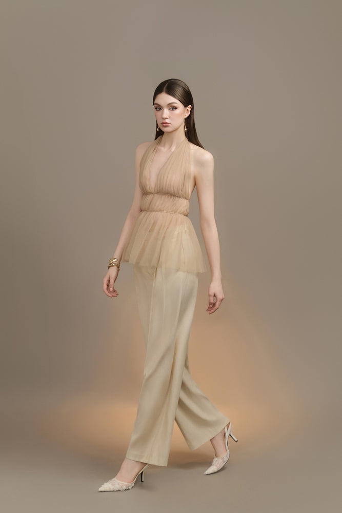 Velore Peplum Plunge Neck Tulle Top