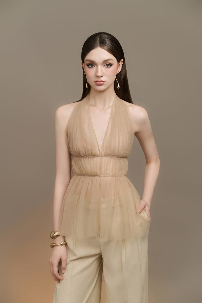 Velore Peplum Plunge Neck Tulle Top