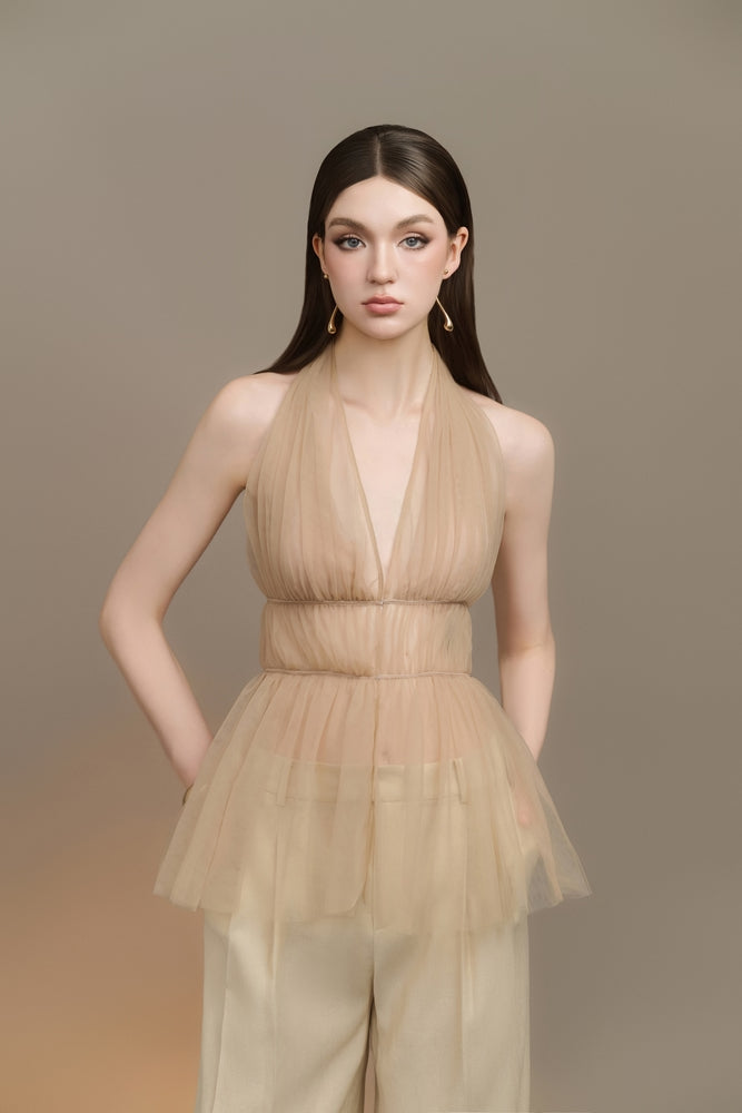 Velore Peplum Plunge Neck Tulle Top