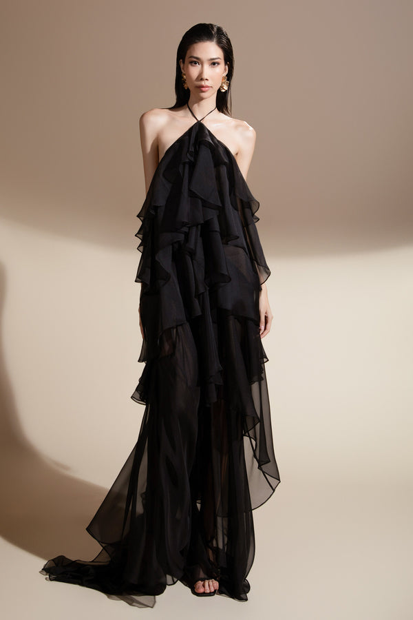 Zelda Halter Ruffle Trim Organza Voile Floor Length Dress