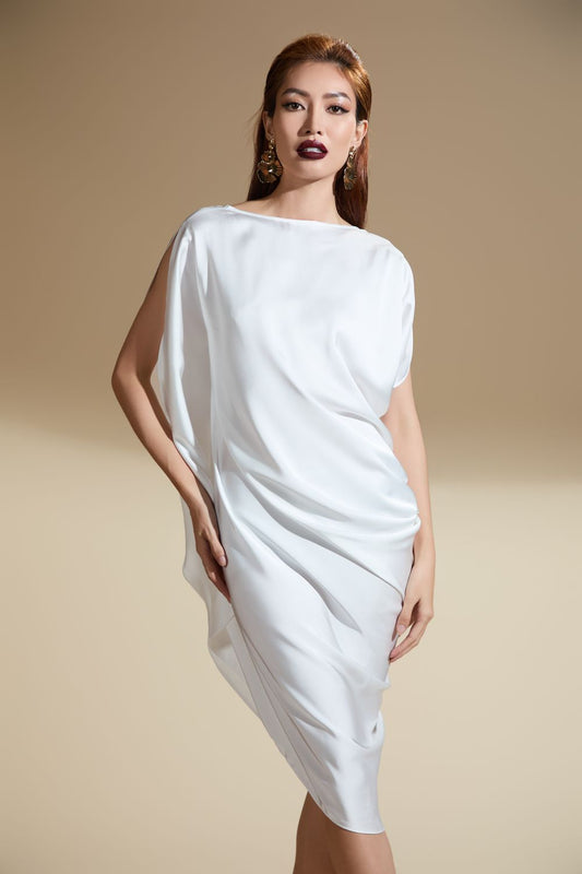 Mary Asymmetric Diagonal Neck Silk Satin Midi Dress