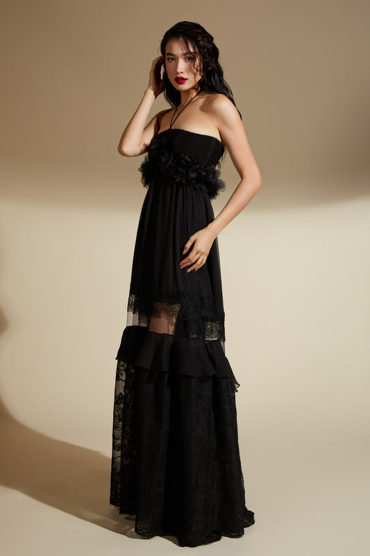 Rosalind Flared Halter Neck Organza Voile Floor Length Dress