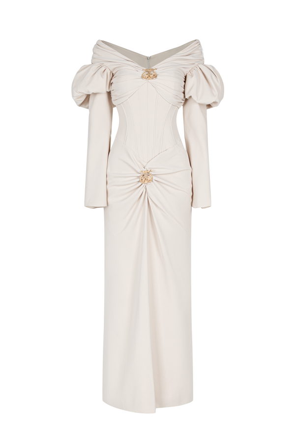 Vanille Off-Shoulder Gathering Midi Dress - MEAN BLVD