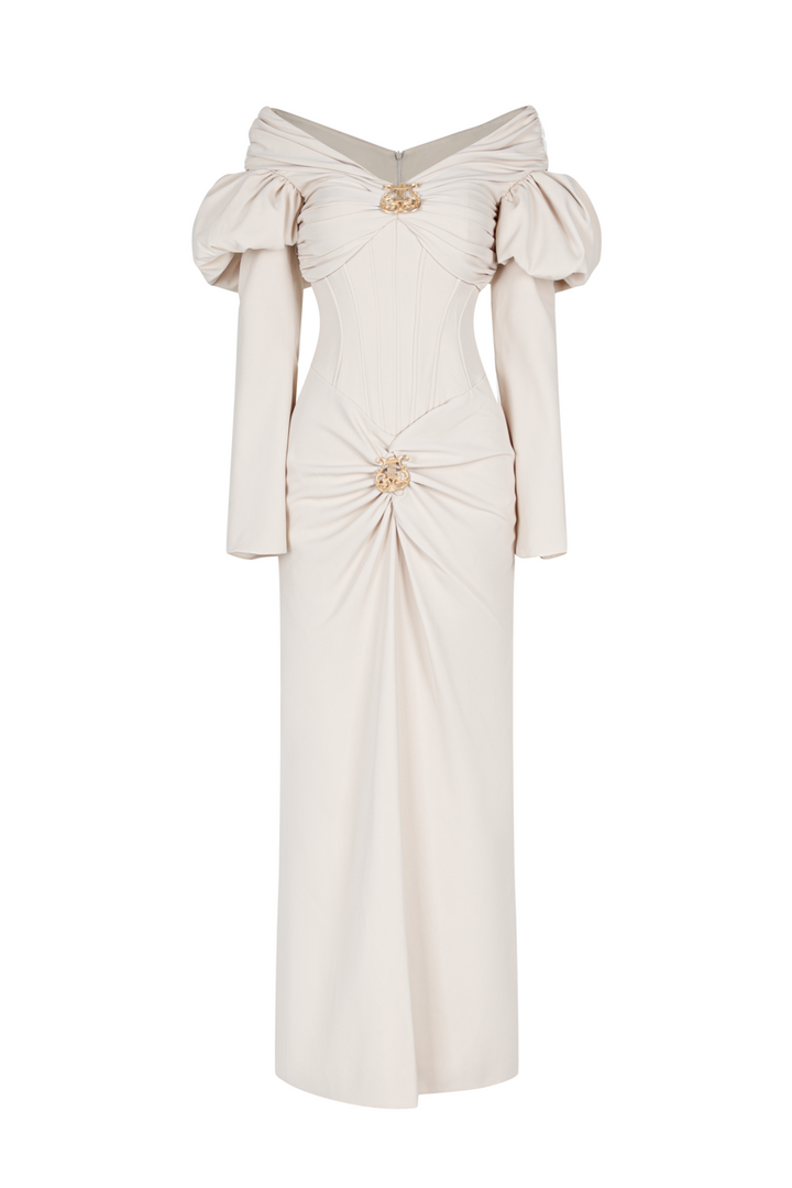 Vanille Off-Shoulder Gathering Midi Dress - MEAN BLVD