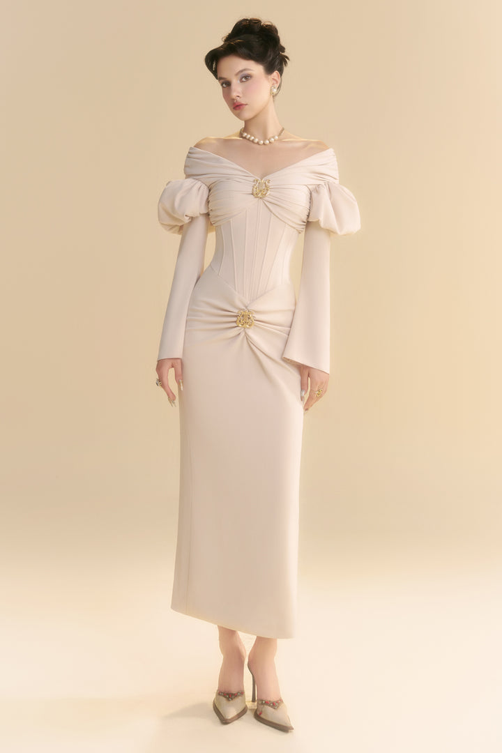 Vanille Off-Shoulder Gathering Midi Dress - MEAN BLVD