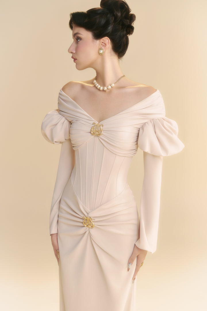 Vanille Off-Shoulder Gathering Midi Dress - MEAN BLVD