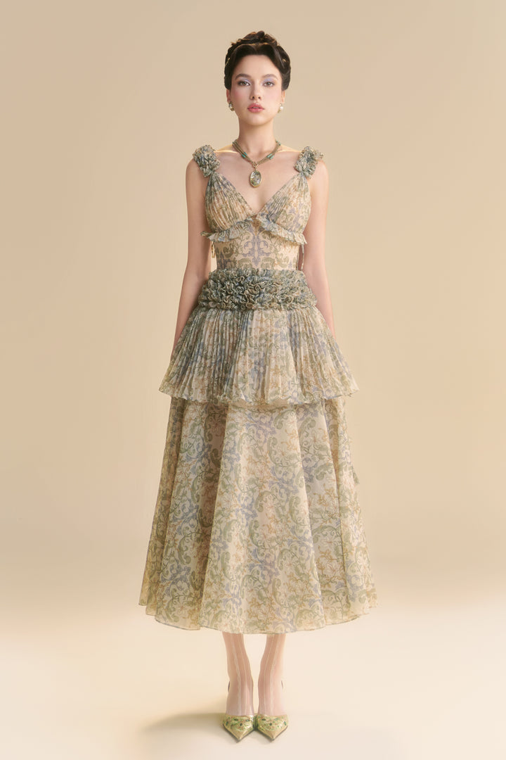 Velezia V-Neck Pleated Midi Dress - MEAN BLVD