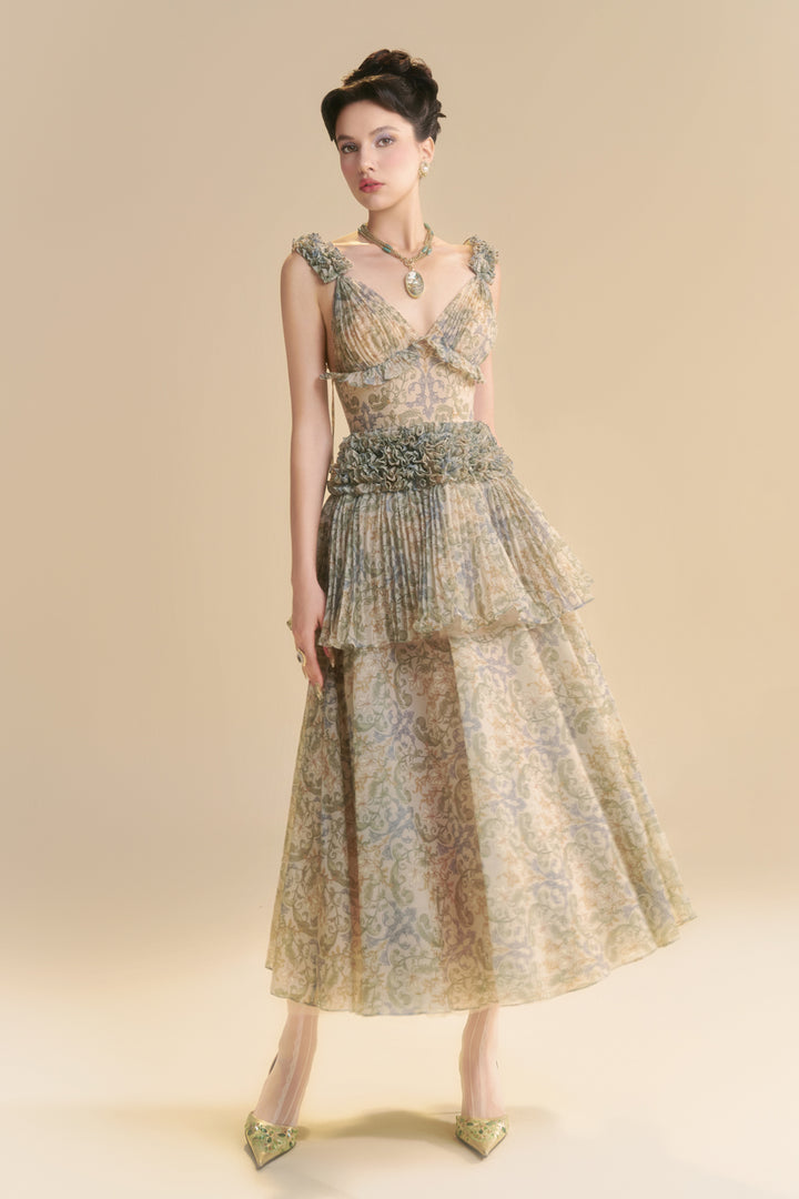 Velezia V-Neck Pleated Midi Dress - MEAN BLVD