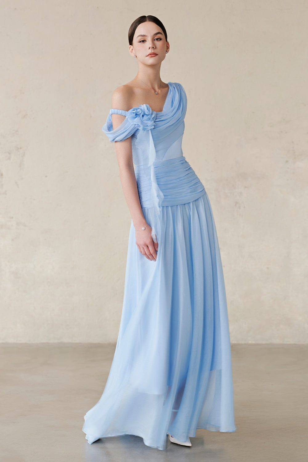 Women's Venus Asymmetric Neck Applique Maxi Dress S/M/L/Customize Baby Blue MEAN BLVD Baby Blue / S