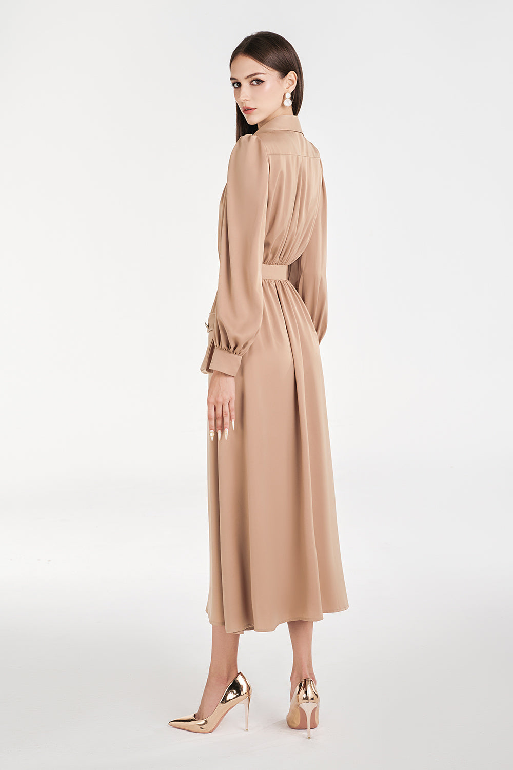 Vernica A-line Puffy Sleeved Silk Midi Dress