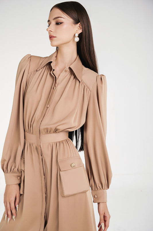 Vernica A-line Puffy Sleeved Silk Midi Dress