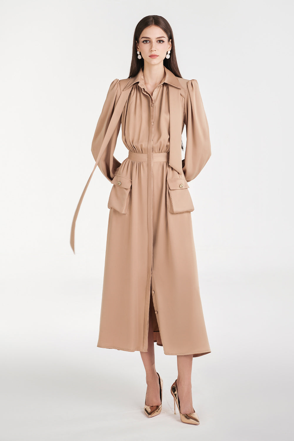 Vernica A-line Puffy Sleeved Silk Midi Dress