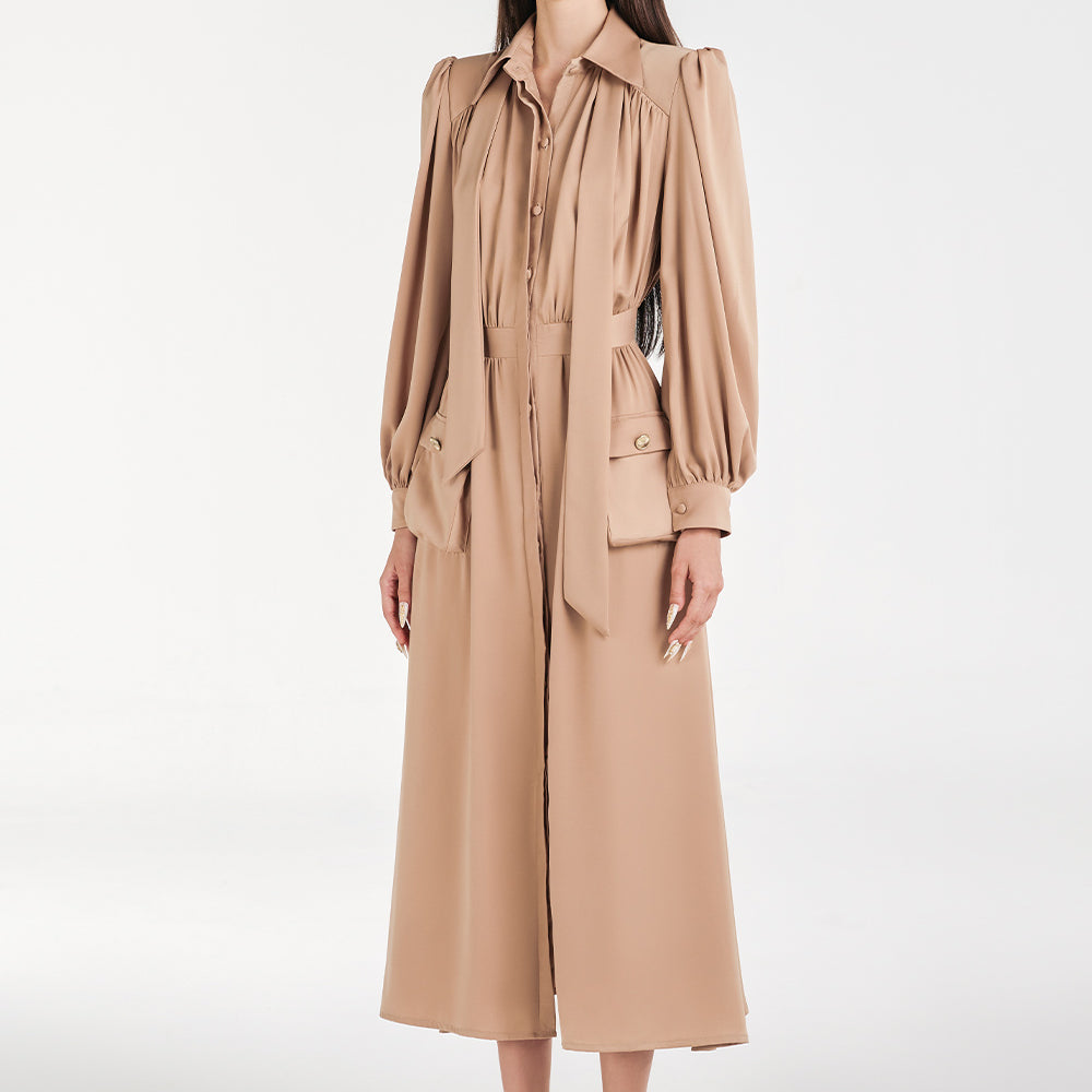 Vernica A-line Puffy Sleeved Silk Midi Dress