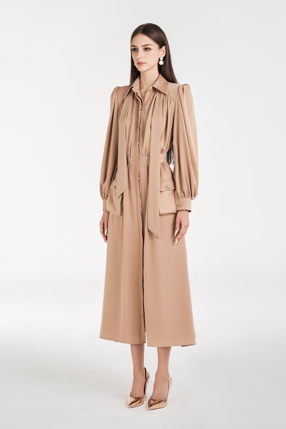 Vernica A-line Puffy Sleeved Silk Midi Dress