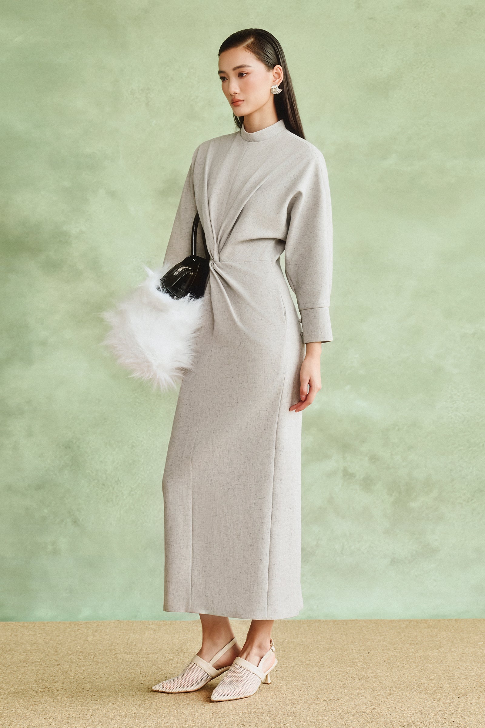Women's Verona High Neck Gathering Midi Dress S/M/L/Customize Light Gray  MEAN BLVD