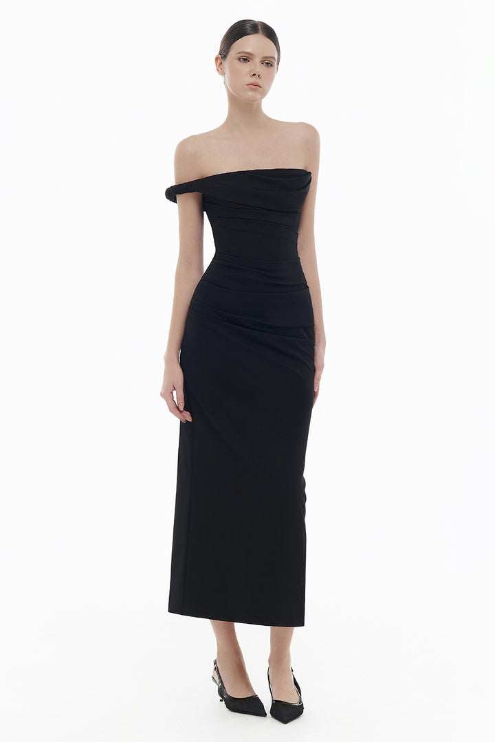 Victoria Straight Across Neck Draped Midi Dress - MEAN BLVD