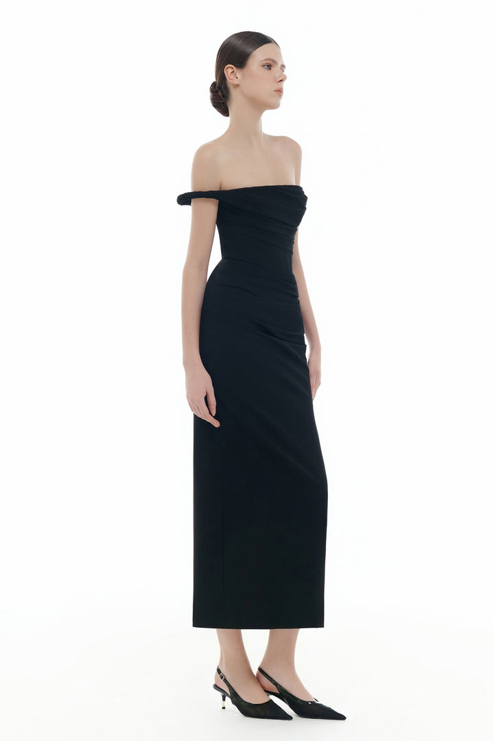 Victoria Straight Across Neck Draped Midi Dress - MEAN BLVD