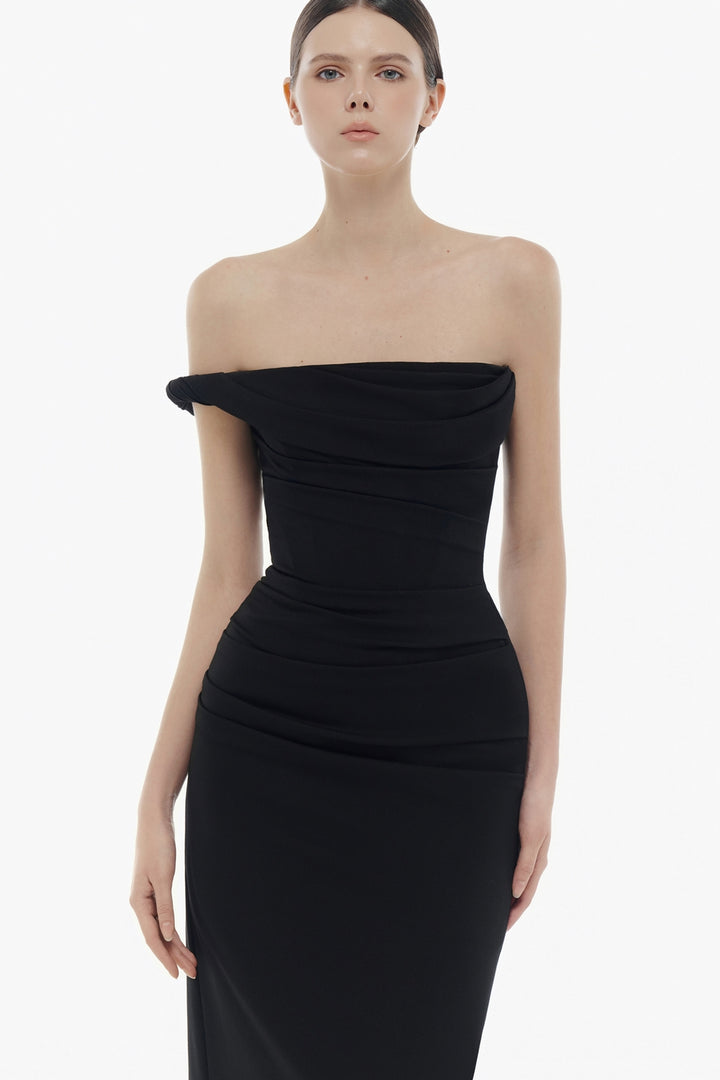 Victoria Straight Across Neck Draped Midi Dress - MEAN BLVD